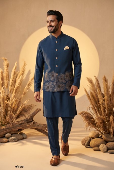 Blue Outluk Wedding Vol 67 Soft Silk Modi Jacket Kurta Pajama W6701